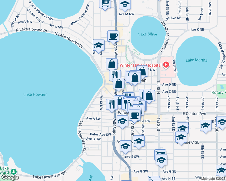 map of restaurants, bars, coffee shops, grocery stores, and more near 235 6th Street Northwest in Winter Haven