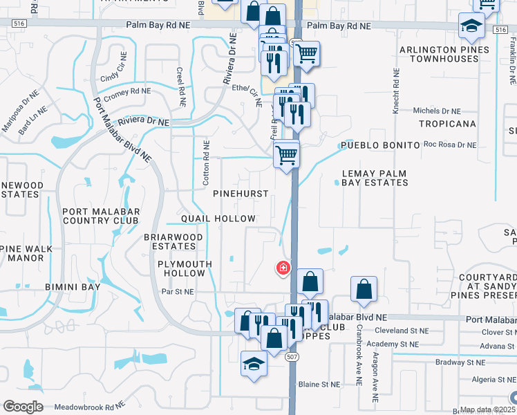 map of restaurants, bars, coffee shops, grocery stores, and more near 2913 Tree Ridge Lane Northeast in Palm Bay
