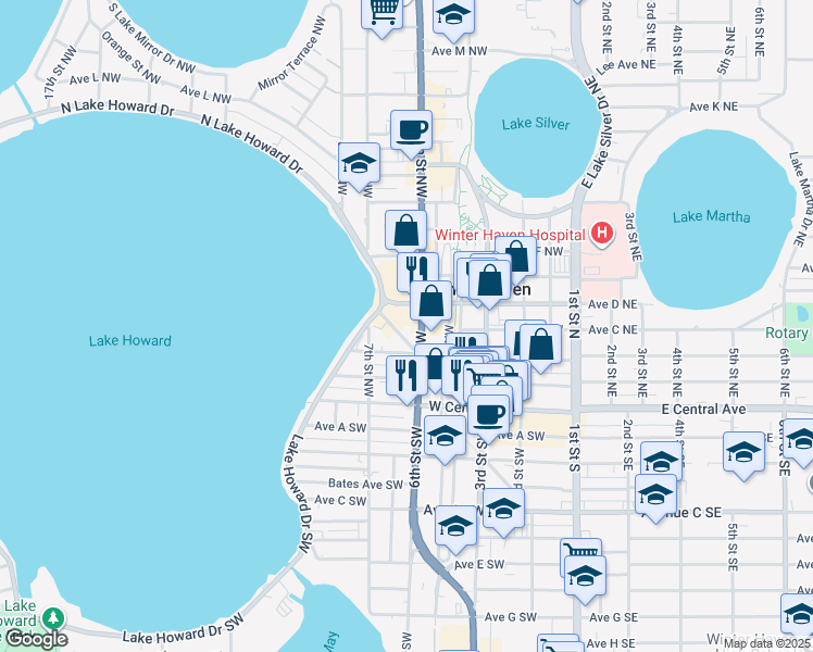 map of restaurants, bars, coffee shops, grocery stores, and more near in Winter Haven
