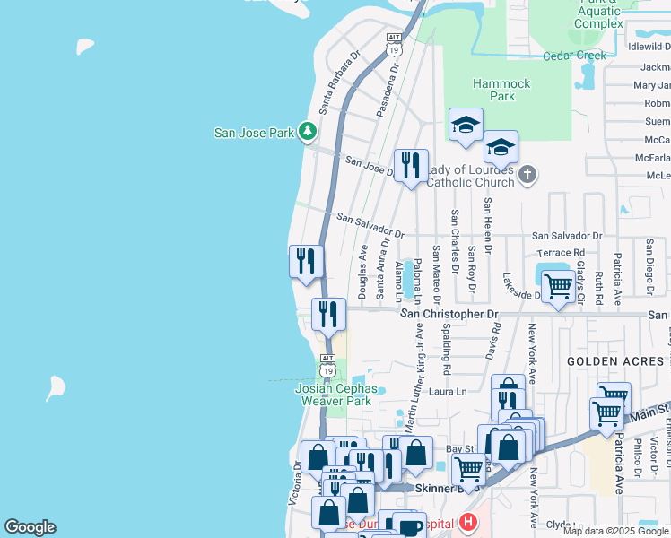map of restaurants, bars, coffee shops, grocery stores, and more near 1515 Bayshore Boulevard in Dunedin