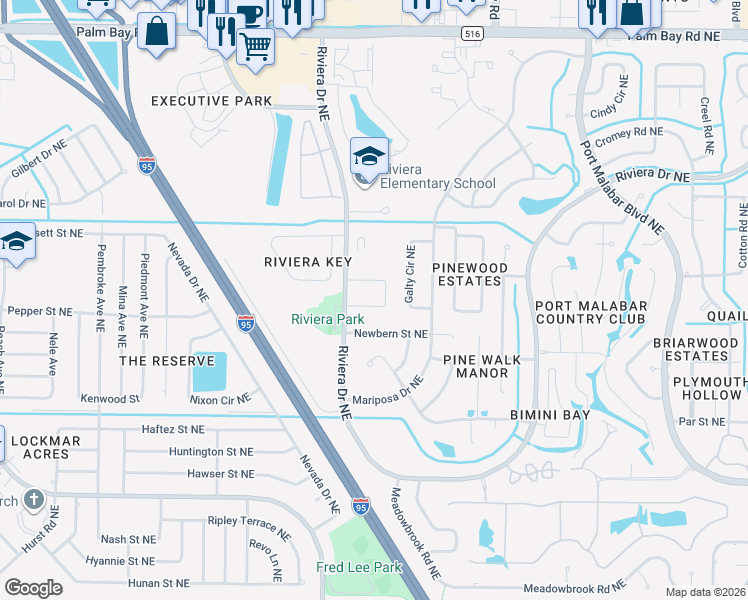 map of restaurants, bars, coffee shops, grocery stores, and more near 1041 Newbern Street Northeast in Palm Bay