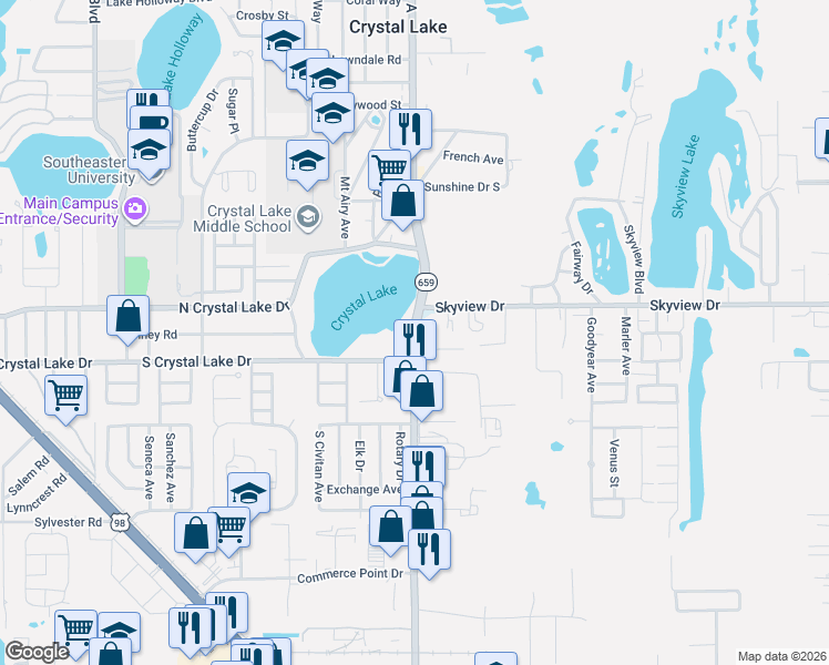 map of restaurants, bars, coffee shops, grocery stores, and more near 1430 South Combee Road in Lakeland
