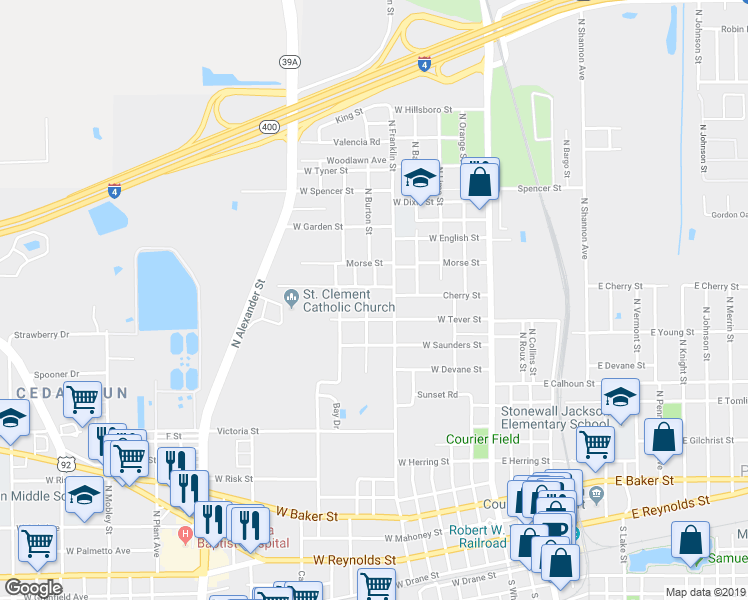 map of restaurants, bars, coffee shops, grocery stores, and more near 1108 North Burton Street in Plant City