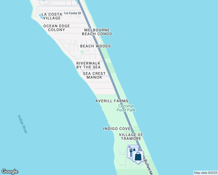 map of restaurants, bars, coffee shops, grocery stores, and more near 120 5th Street in Melbourne Beach