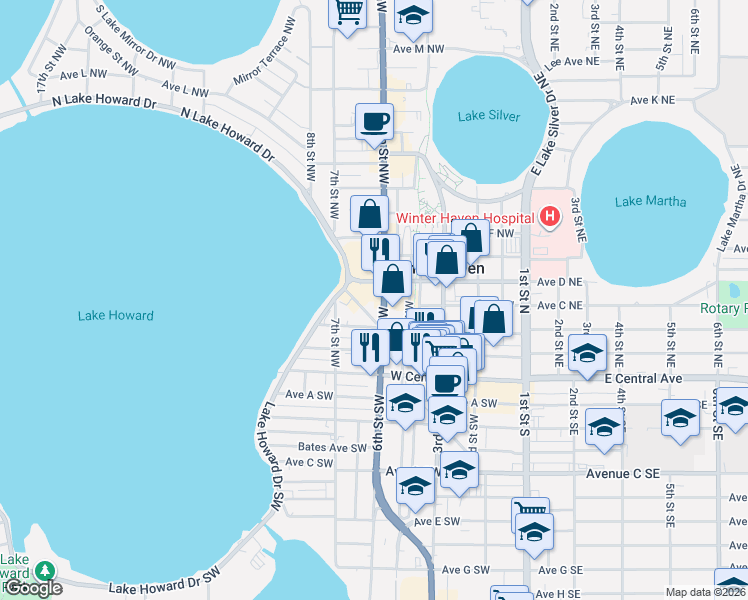map of restaurants, bars, coffee shops, grocery stores, and more near 601 Avenue B Northwest in Winter Haven