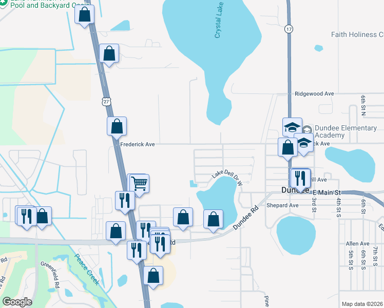 map of restaurants, bars, coffee shops, grocery stores, and more near Green Haven Lane West in Dundee