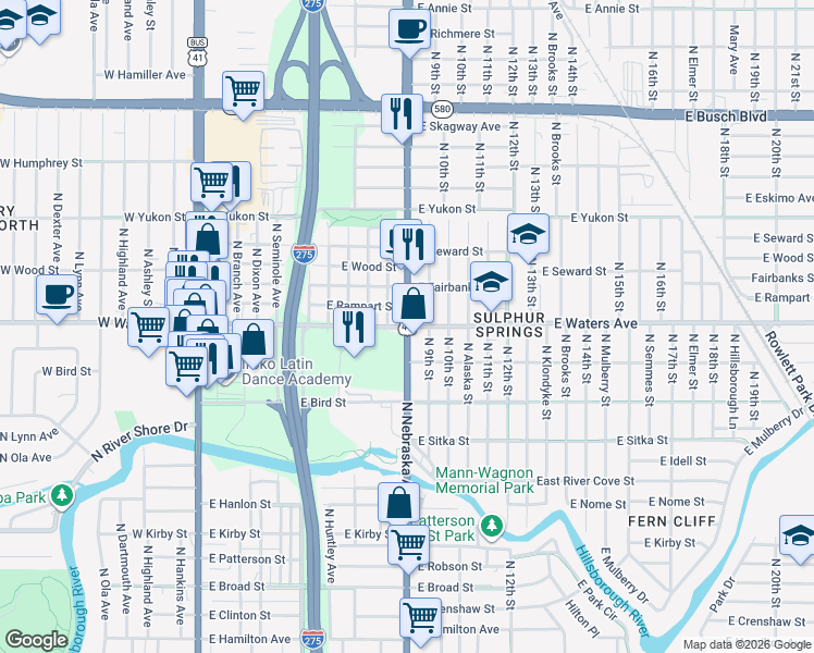 map of restaurants, bars, coffee shops, grocery stores, and more near N Nebraska Ave & E Waters Ave in Tampa