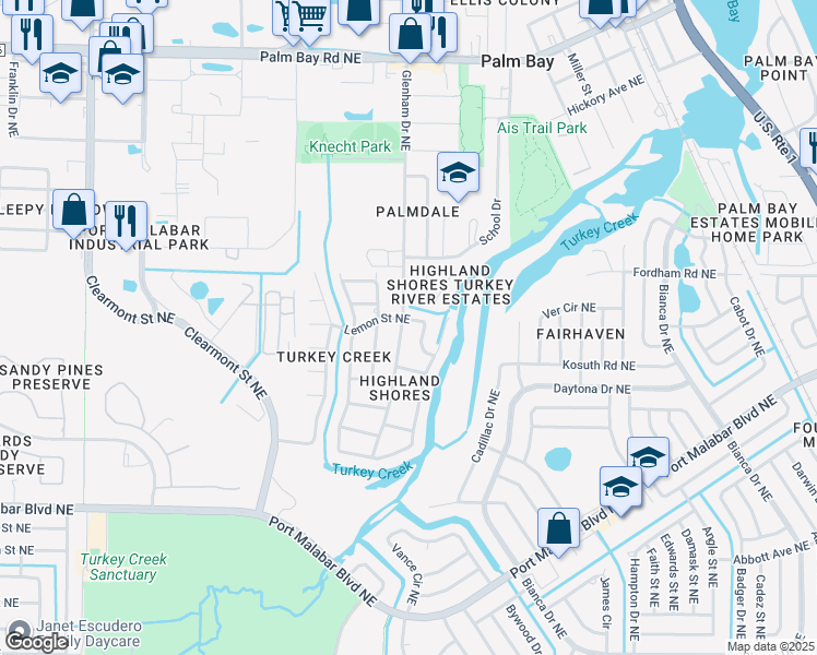 map of restaurants, bars, coffee shops, grocery stores, and more near 1116 Glenham Drive Northeast in Palm Bay
