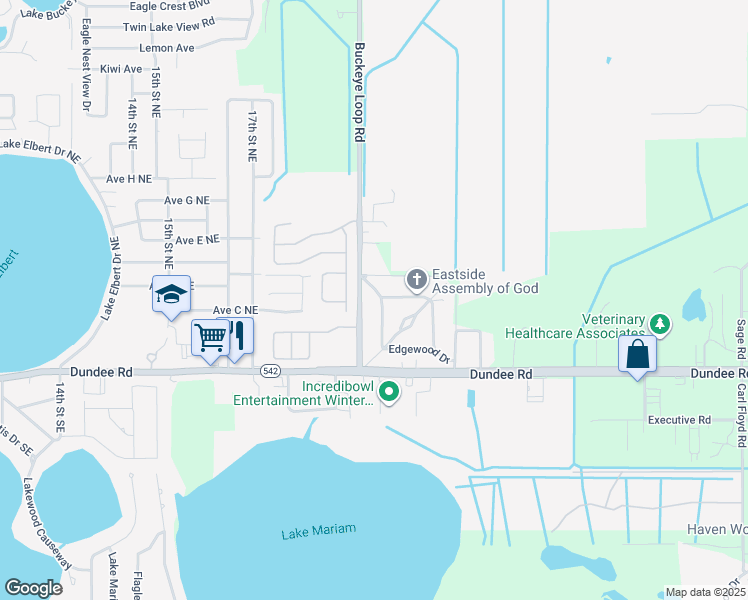 map of restaurants, bars, coffee shops, grocery stores, and more near 115 Knollwood Drive in Winter Haven