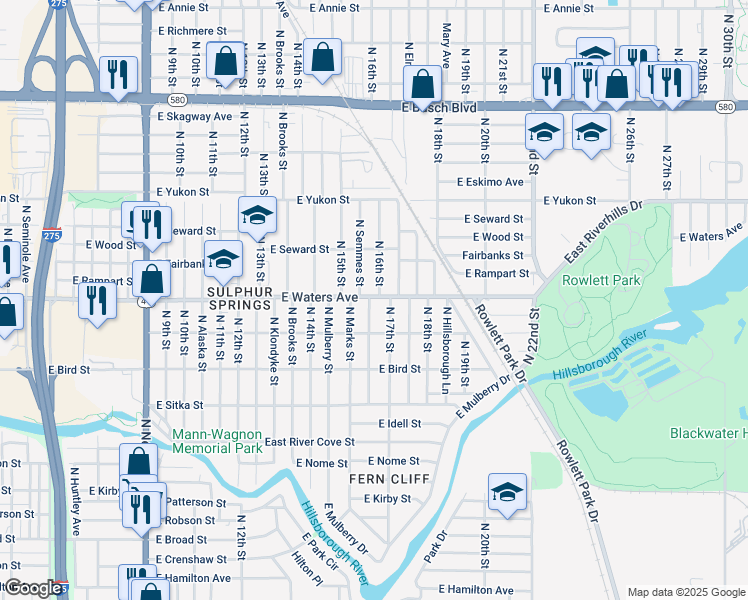 map of restaurants, bars, coffee shops, grocery stores, and more near 8317 North Semmes Street in Tampa