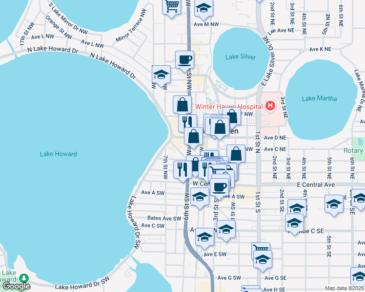 map of restaurants, bars, coffee shops, grocery stores, and more near in Winter Haven