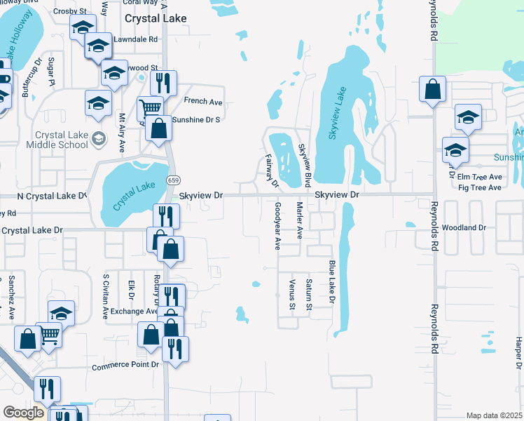 map of restaurants, bars, coffee shops, grocery stores, and more near 1522 Moonlite Drive in Lakeland