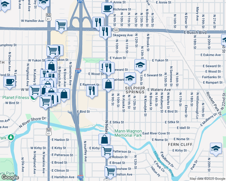 map of restaurants, bars, coffee shops, grocery stores, and more near 8306 North 9th Street in Tampa