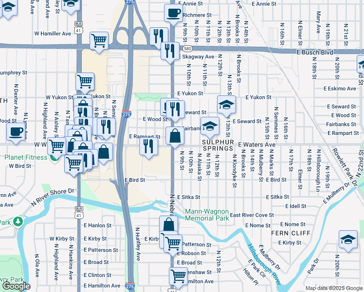 map of restaurants, bars, coffee shops, grocery stores, and more near 8306 North 9th Street in Tampa