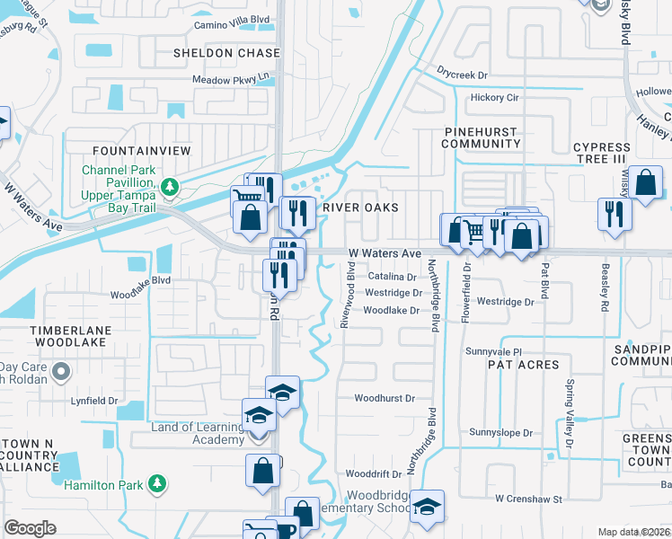 map of restaurants, bars, coffee shops, grocery stores, and more near 8314 Woodlake Place in Tampa