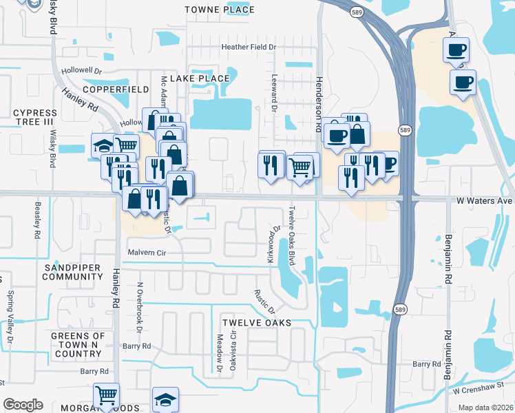 map of restaurants, bars, coffee shops, grocery stores, and more near 8206 Greenshire Drive in Tampa