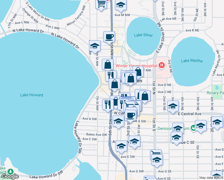 map of restaurants, bars, coffee shops, grocery stores, and more near 308 6th Street Northwest in Winter Haven