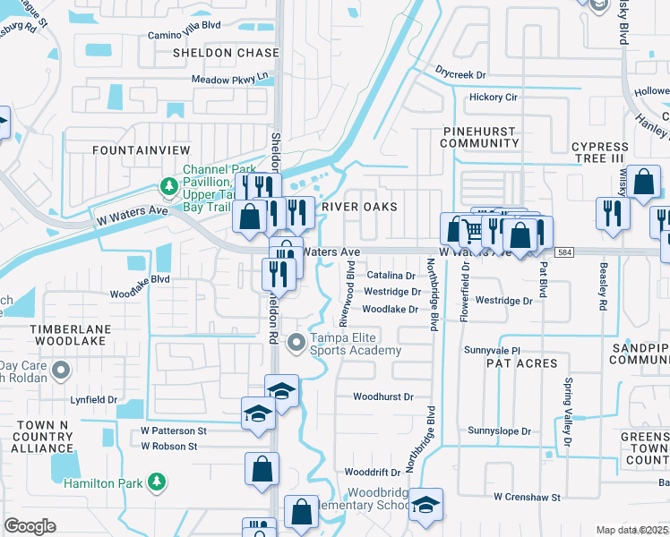 map of restaurants, bars, coffee shops, grocery stores, and more near 8314 Woodlake Place in Tampa