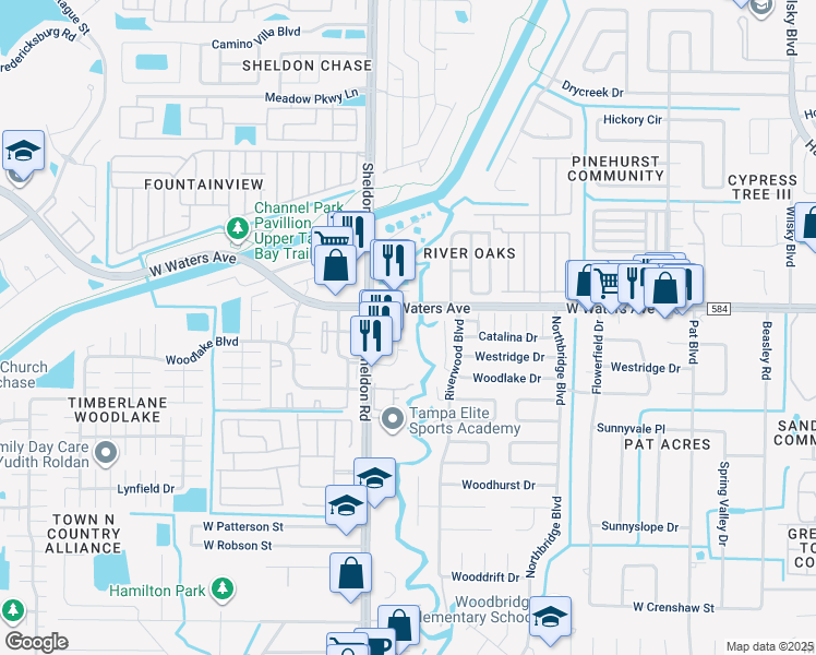 map of restaurants, bars, coffee shops, grocery stores, and more near 8314 Woodlake Place in Tampa