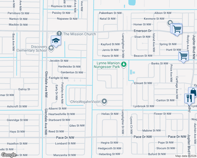 map of restaurants, bars, coffee shops, grocery stores, and more near 1107 Glancy Avenue Northwest in Palm Bay