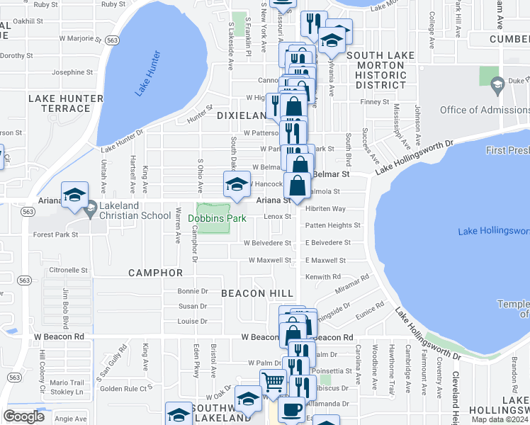 map of restaurants, bars, coffee shops, grocery stores, and more near 1506 South New York Avenue in Lakeland