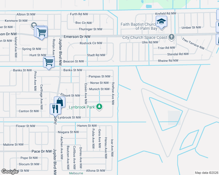 map of restaurants, bars, coffee shops, grocery stores, and more near 1127 Itzehoe Avenue Northwest in Palm Bay