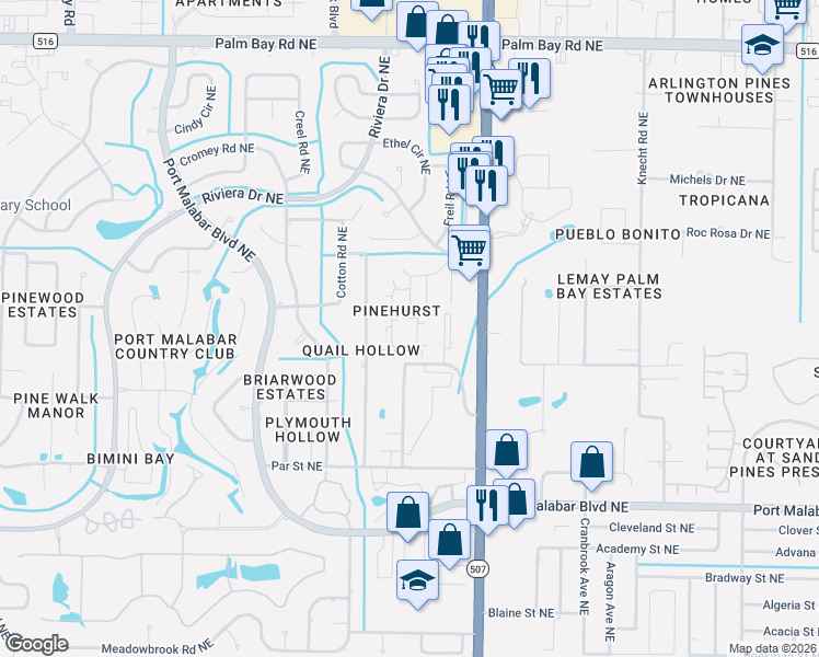map of restaurants, bars, coffee shops, grocery stores, and more near 3811 Tree Ridge Lane Northeast in Palm Bay