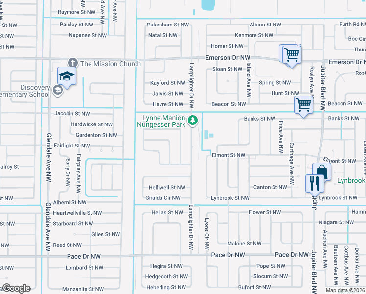 map of restaurants, bars, coffee shops, grocery stores, and more near 1126 Lamplighter Drive Northwest in Palm Bay
