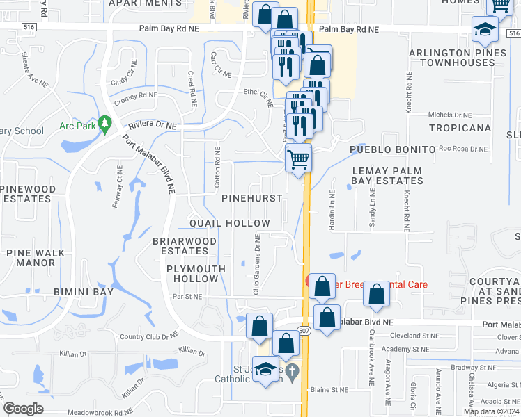 map of restaurants, bars, coffee shops, grocery stores, and more near 3811 Tree Ridge Lane Northeast in Palm Bay