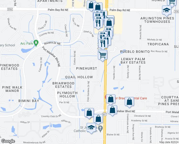 map of restaurants, bars, coffee shops, grocery stores, and more near 4613 Tree Ridge Lane Northeast in Palm Bay