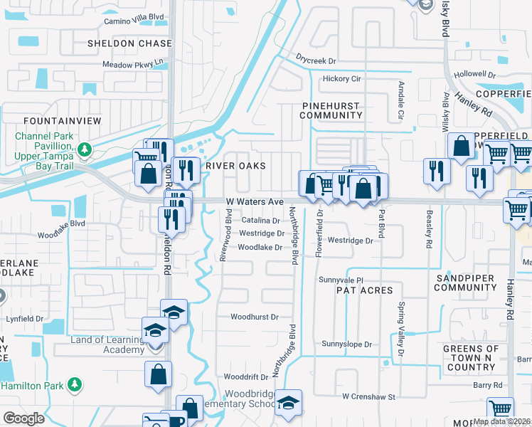 map of restaurants, bars, coffee shops, grocery stores, and more near 8405 Pinewood Street in Tampa