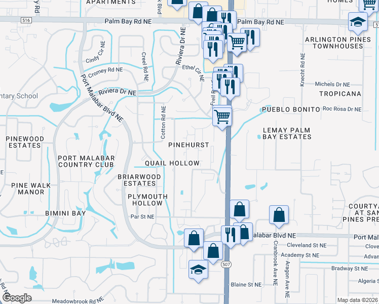 map of restaurants, bars, coffee shops, grocery stores, and more near 3811 Tree Ridge Lane Northeast in Palm Bay