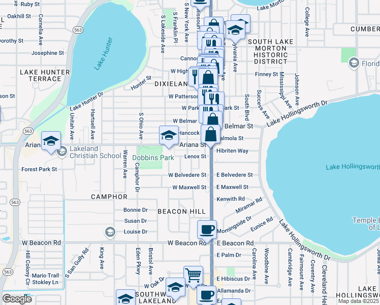 map of restaurants, bars, coffee shops, grocery stores, and more near 207 Ariana Street in Lakeland