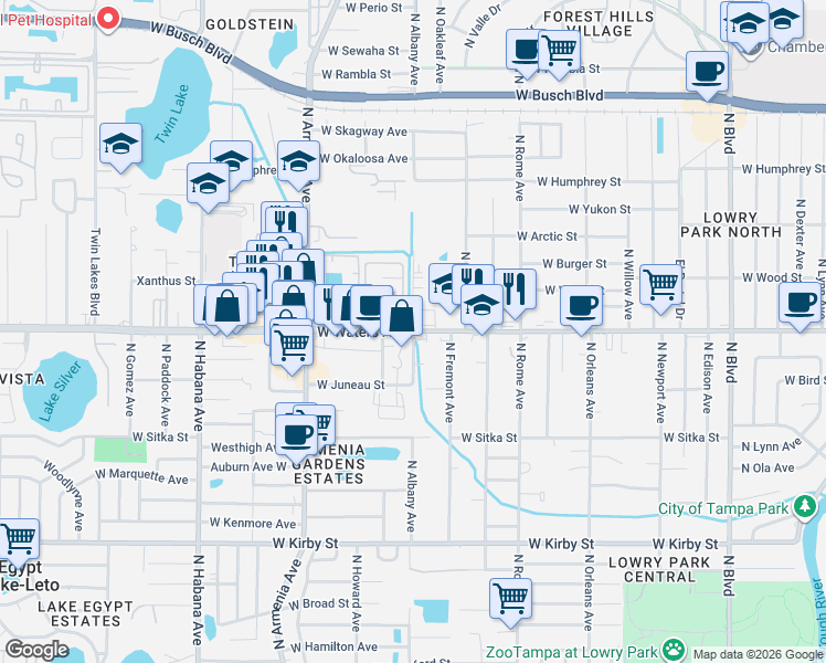 map of restaurants, bars, coffee shops, grocery stores, and more near 2104 West 2 Lakes Road in Tampa