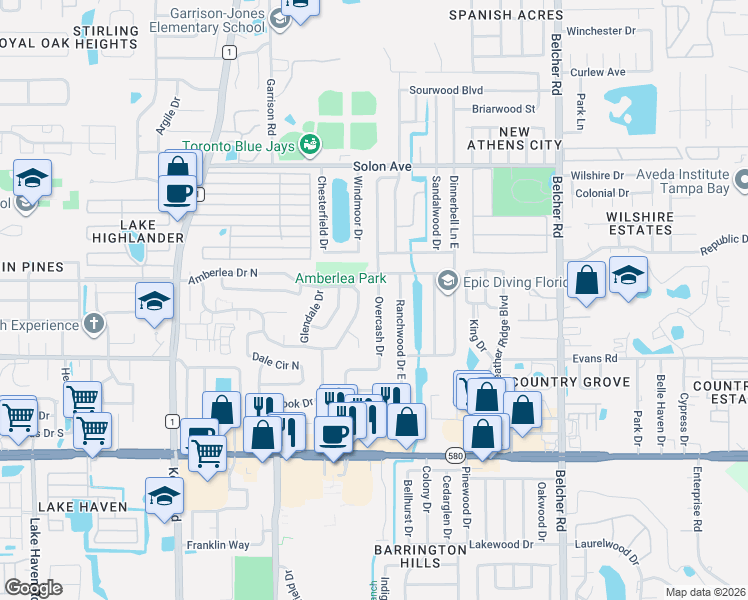 map of restaurants, bars, coffee shops, grocery stores, and more near 1318 Overcash Drive in Dunedin