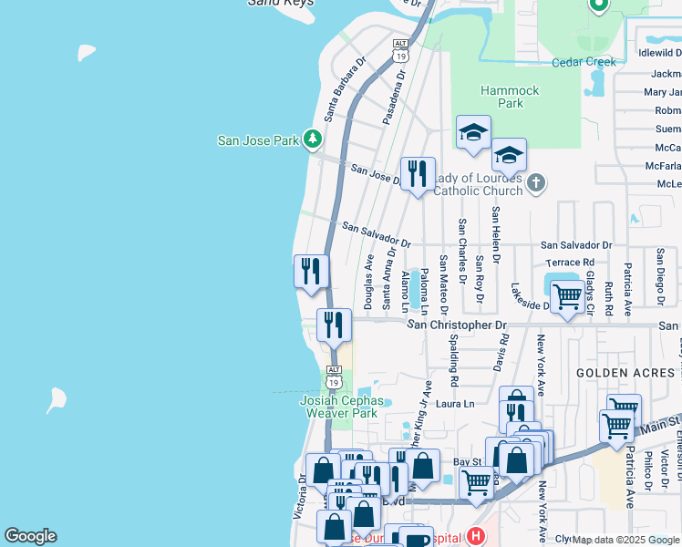 map of restaurants, bars, coffee shops, grocery stores, and more near 1553 Bayshore Boulevard in Dunedin