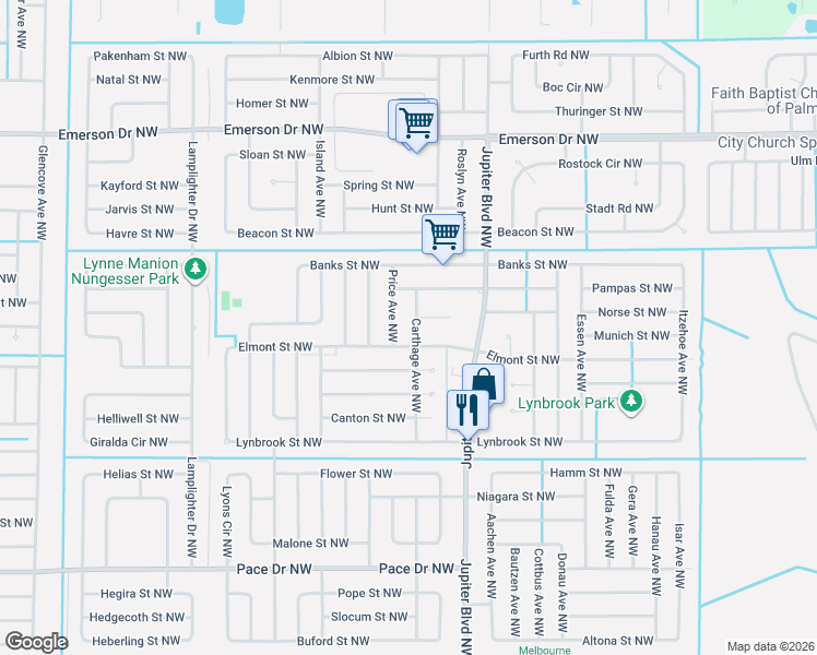 map of restaurants, bars, coffee shops, grocery stores, and more near 997 Hood Street Northwest in Palm Bay