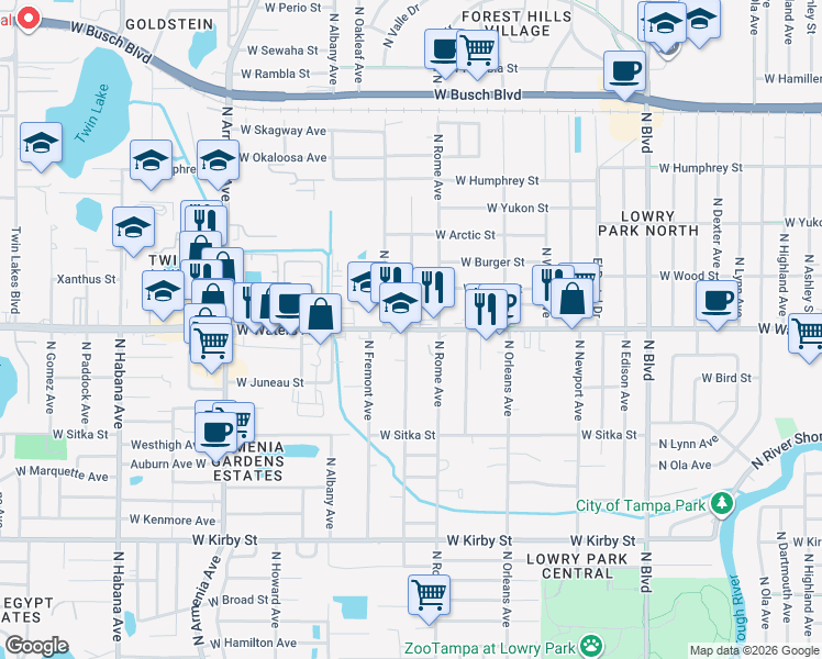 map of restaurants, bars, coffee shops, grocery stores, and more near W Waters Ave & N Packwood Ave in Tampa