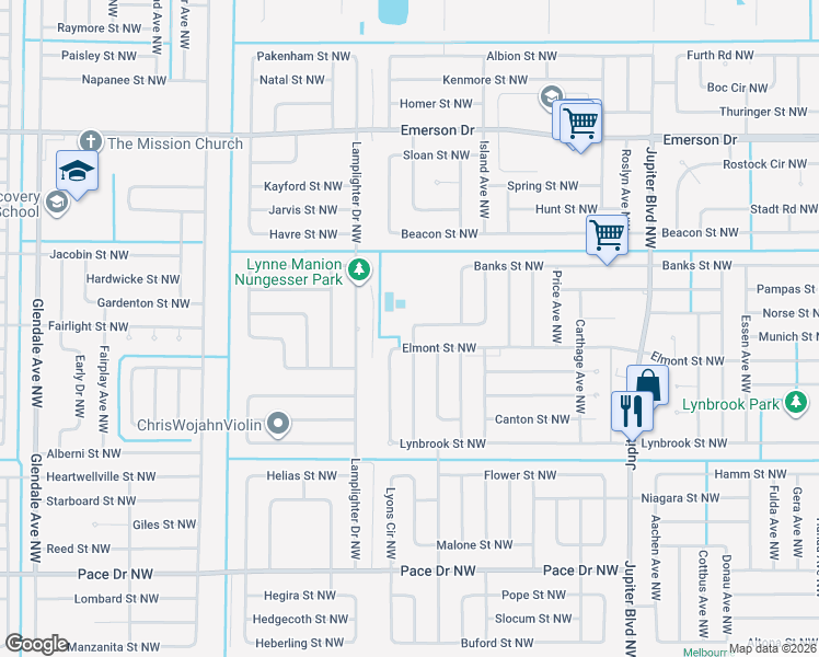 map of restaurants, bars, coffee shops, grocery stores, and more near 1086 Locust Avenue in Palm Bay