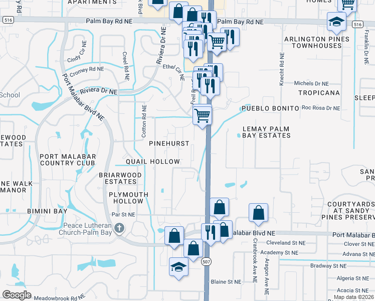 map of restaurants, bars, coffee shops, grocery stores, and more near 1633 Sunny Brook Lane in Palm Bay