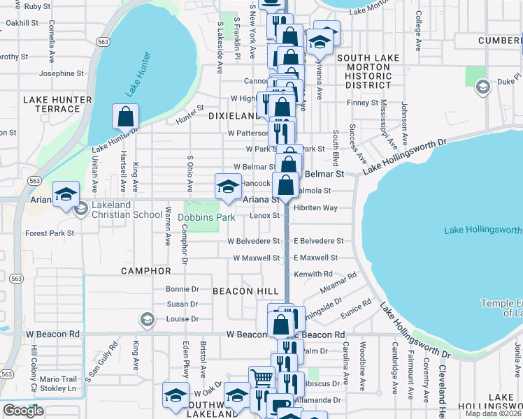 map of restaurants, bars, coffee shops, grocery stores, and more near 207 Ariana Street in Lakeland