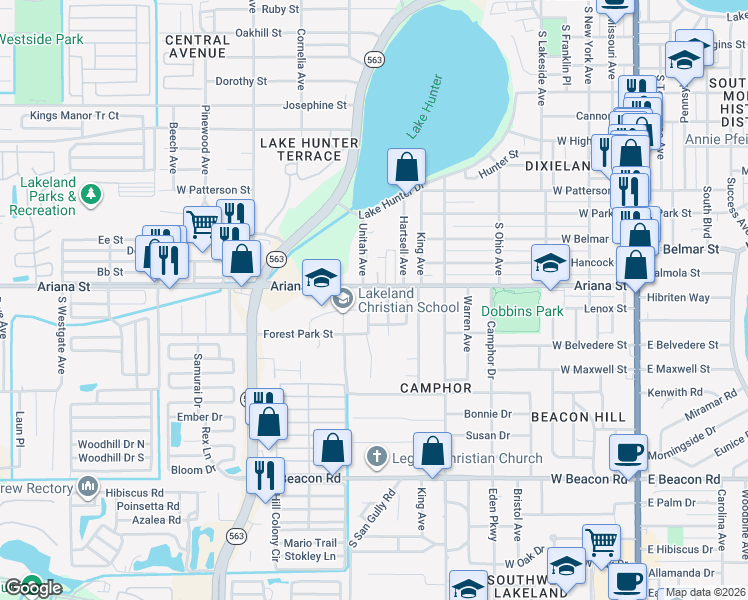 map of restaurants, bars, coffee shops, grocery stores, and more near 1414 Unitah Avenue in Lakeland