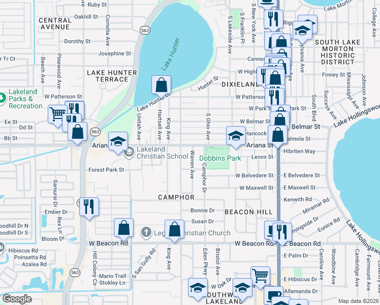 map of restaurants, bars, coffee shops, grocery stores, and more near 707 Ariana Street in Lakeland
