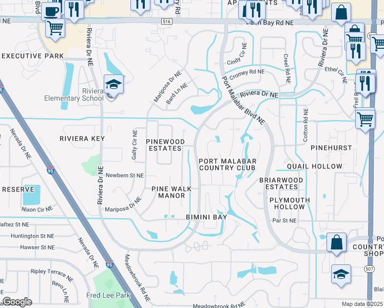 map of restaurants, bars, coffee shops, grocery stores, and more near 1199 Riviera Drive Northeast in Palm Bay