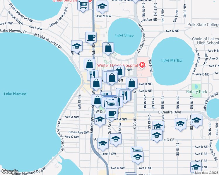 map of restaurants, bars, coffee shops, grocery stores, and more near in Winter Haven