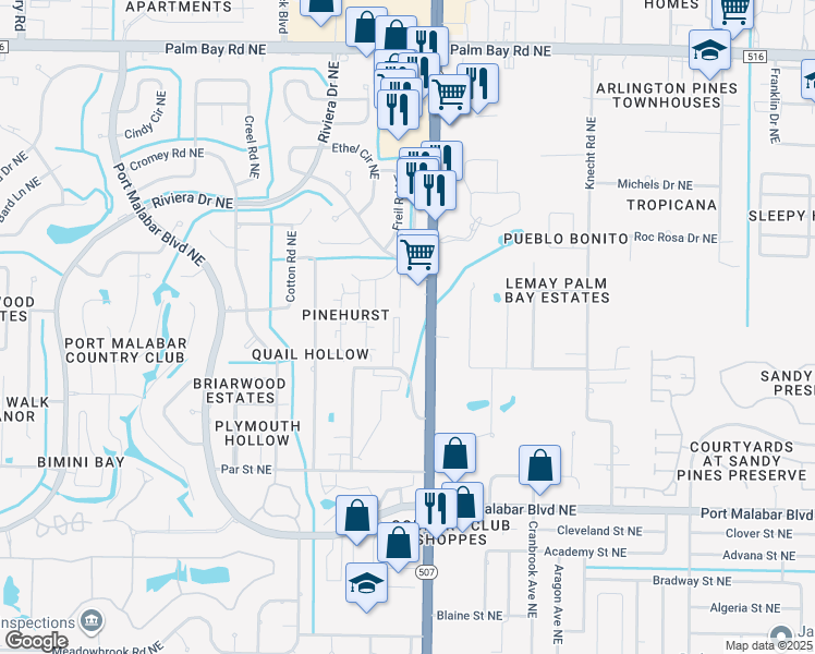 map of restaurants, bars, coffee shops, grocery stores, and more near 2100 Forest Knoll Drive Northeast in Palm Bay