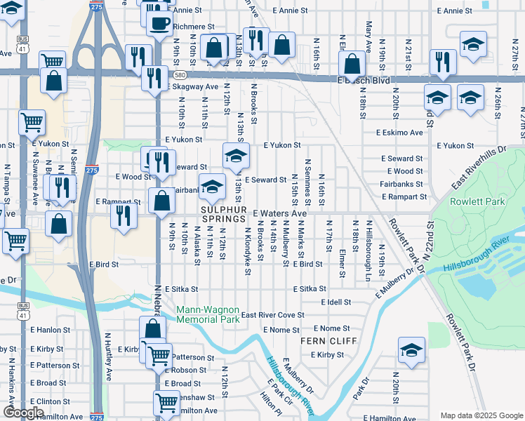 map of restaurants, bars, coffee shops, grocery stores, and more near 8401 North Brooks Street in Tampa