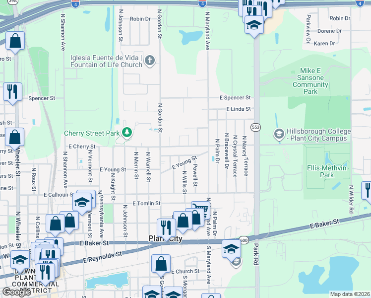 map of restaurants, bars, coffee shops, grocery stores, and more near 1405 East Cherry Street in Plant City