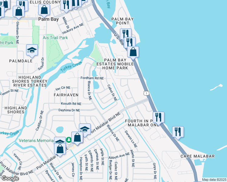map of restaurants, bars, coffee shops, grocery stores, and more near 1165 Cabot Drive Northeast in Palm Bay