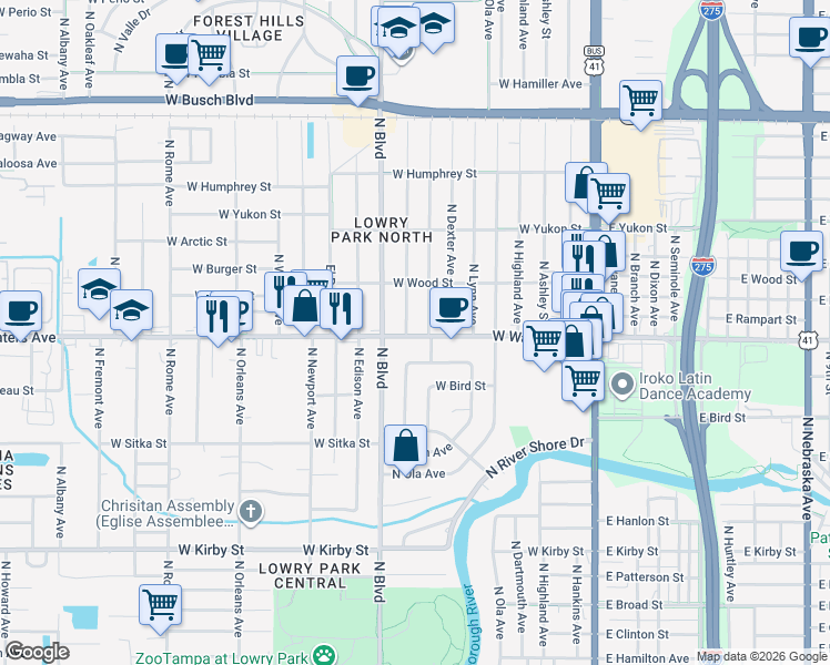 map of restaurants, bars, coffee shops, grocery stores, and more near 8410 North Hamner Avenue in Tampa